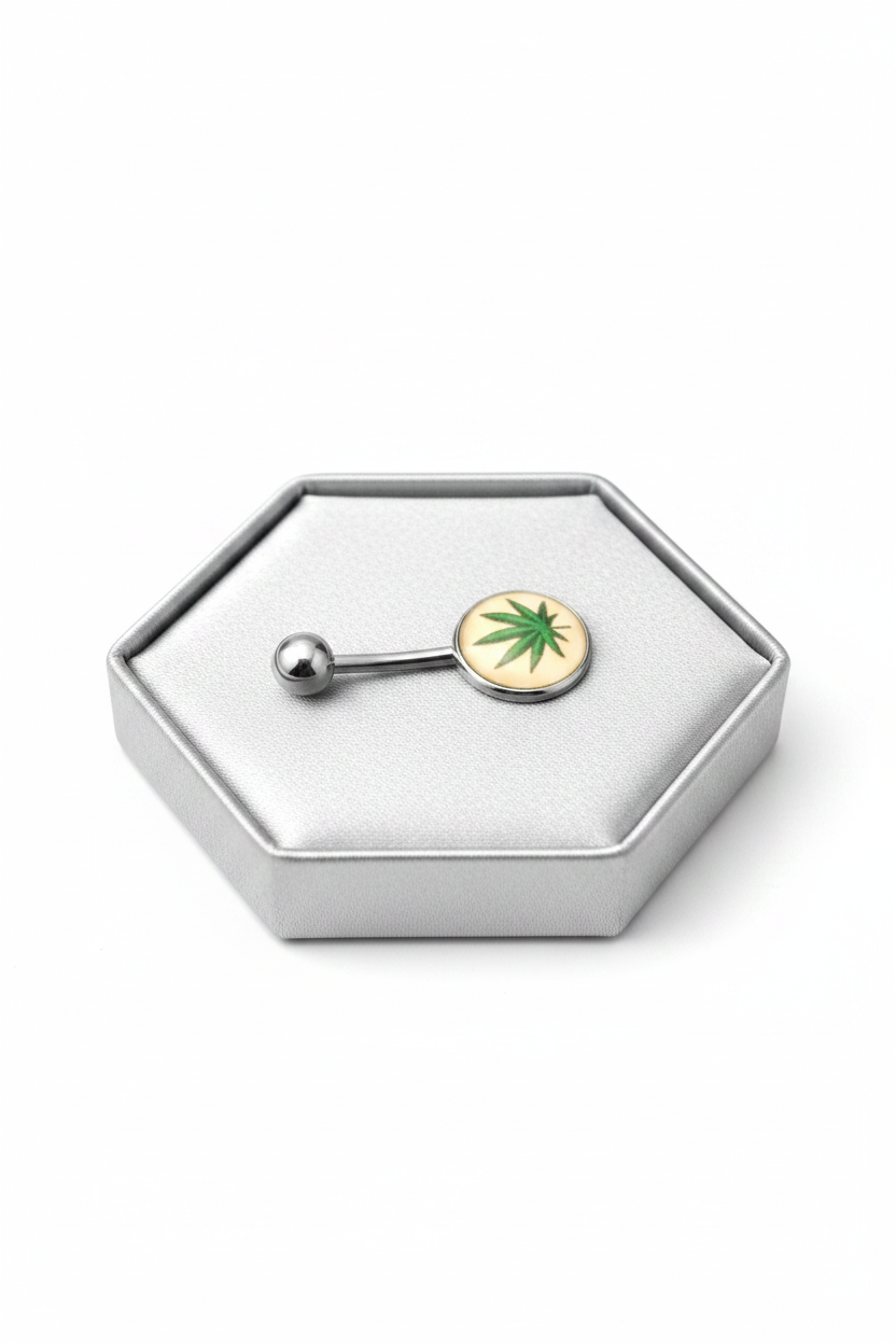 Green Leaf Belly Button Ring in 316l stainless steel on a silver jewelry display side profile view.