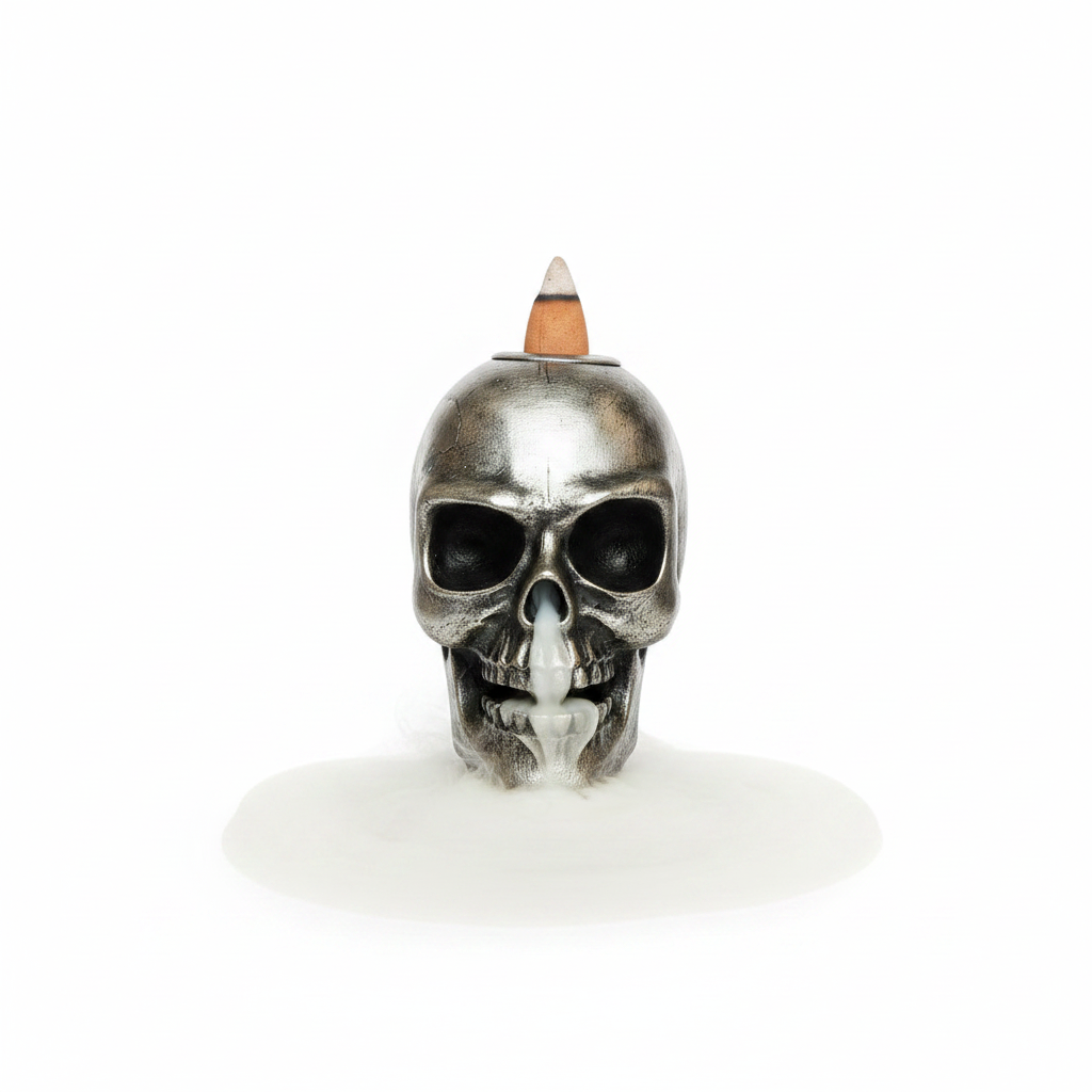 Mini Skull Head Back Flow Resin Incense Holder - Free Incense on a white background with incense burning and smoke cascading downwards.