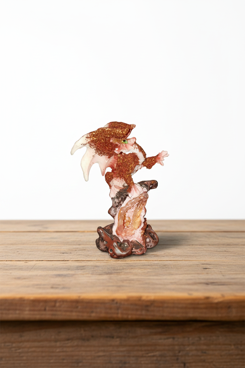 Red Sparkle Dragon with Geode Resin Figurine - Mystical Home Decor on a wooden table with a white background.