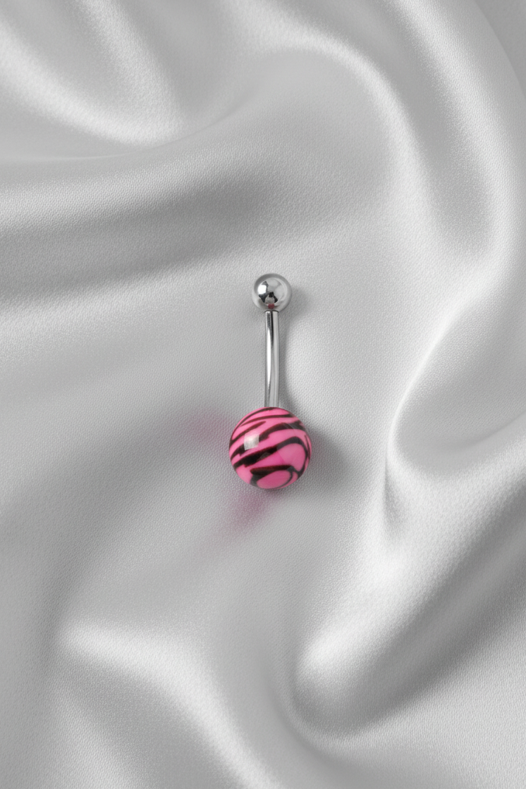 Pink Tiger Striped acrylic belly button ring in 316L stainless steel