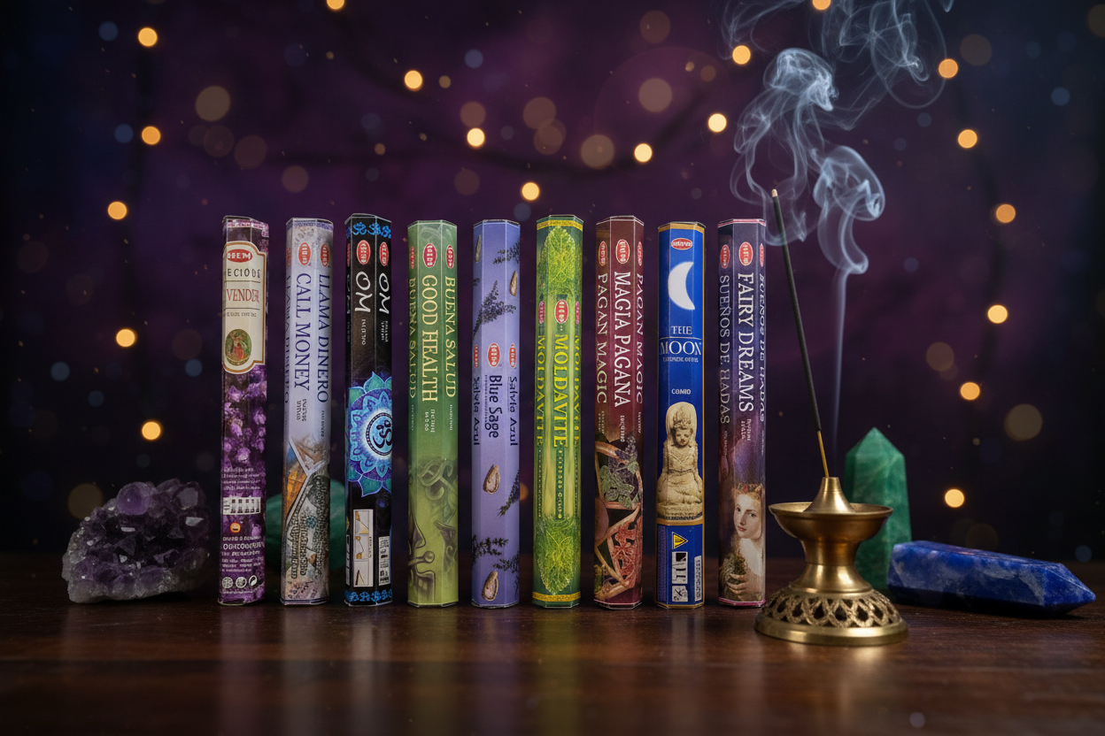 Mystic Prosperity Incense Variety Gift Package burning in a mystic setting with smoke rising.