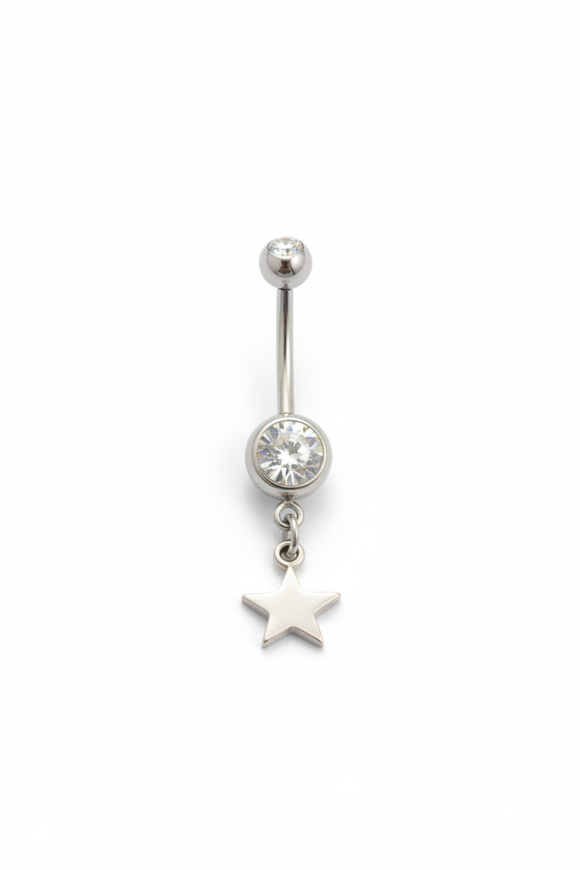 Clear Crystal Sterling Silver Star Belly Button Ring in 316l stainless steel close up detail.