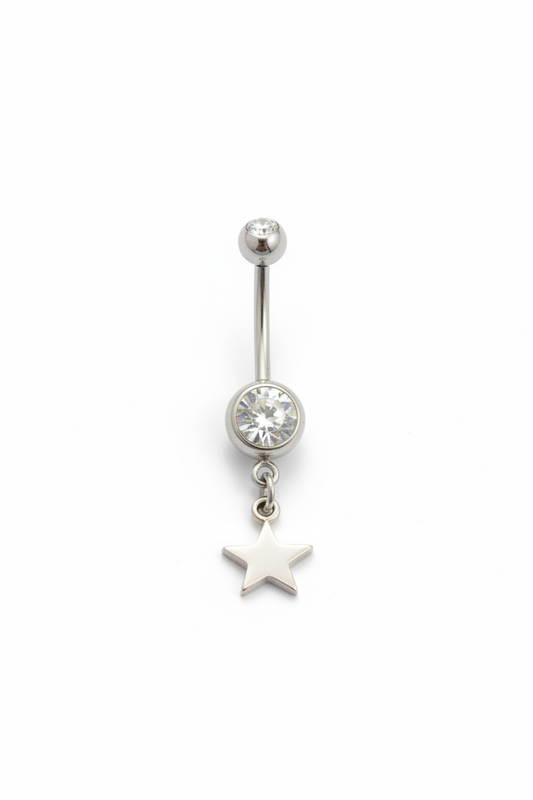 Clear Crystal Sterling Silver Star Belly Button Ring in 316l stainless steel close up detail.