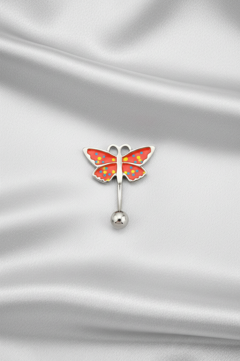 Red Butterfly upside down belly button ring in 316l stainless steel