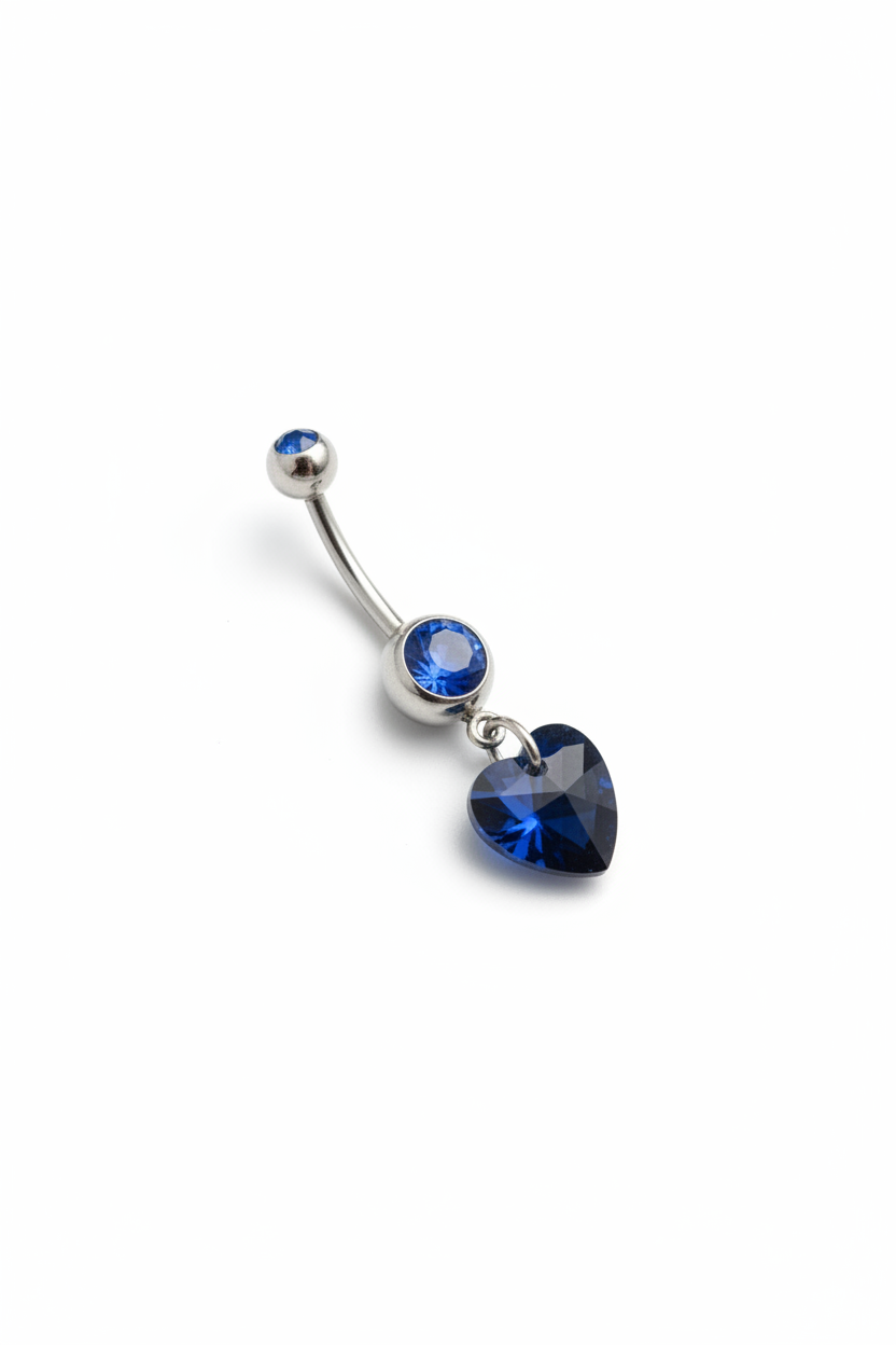 Blue Crystal Heart Belly Button Ring in 316l stainless steel angled right.