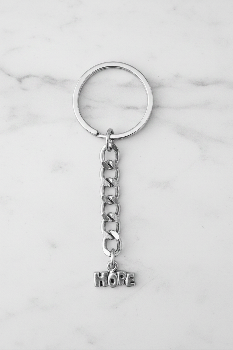 "Hope" Handmade Pewter Charm Keychain on a white marble surface.