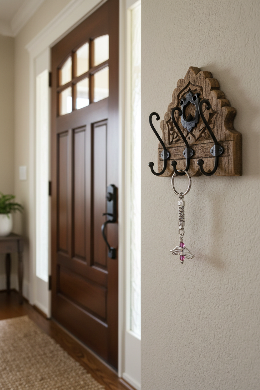 Pink Swarovski Crystal Wings Handmade Silver Plated Charm Keychain hanging from a wooden key ring holder next to the front door inside a house.