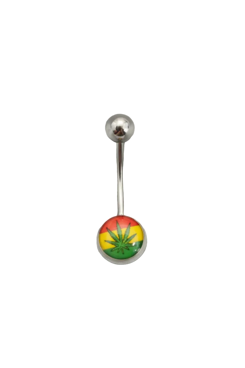 Rastafarian Leaf Belly Button Ring in 316l stainless steel on a white background.