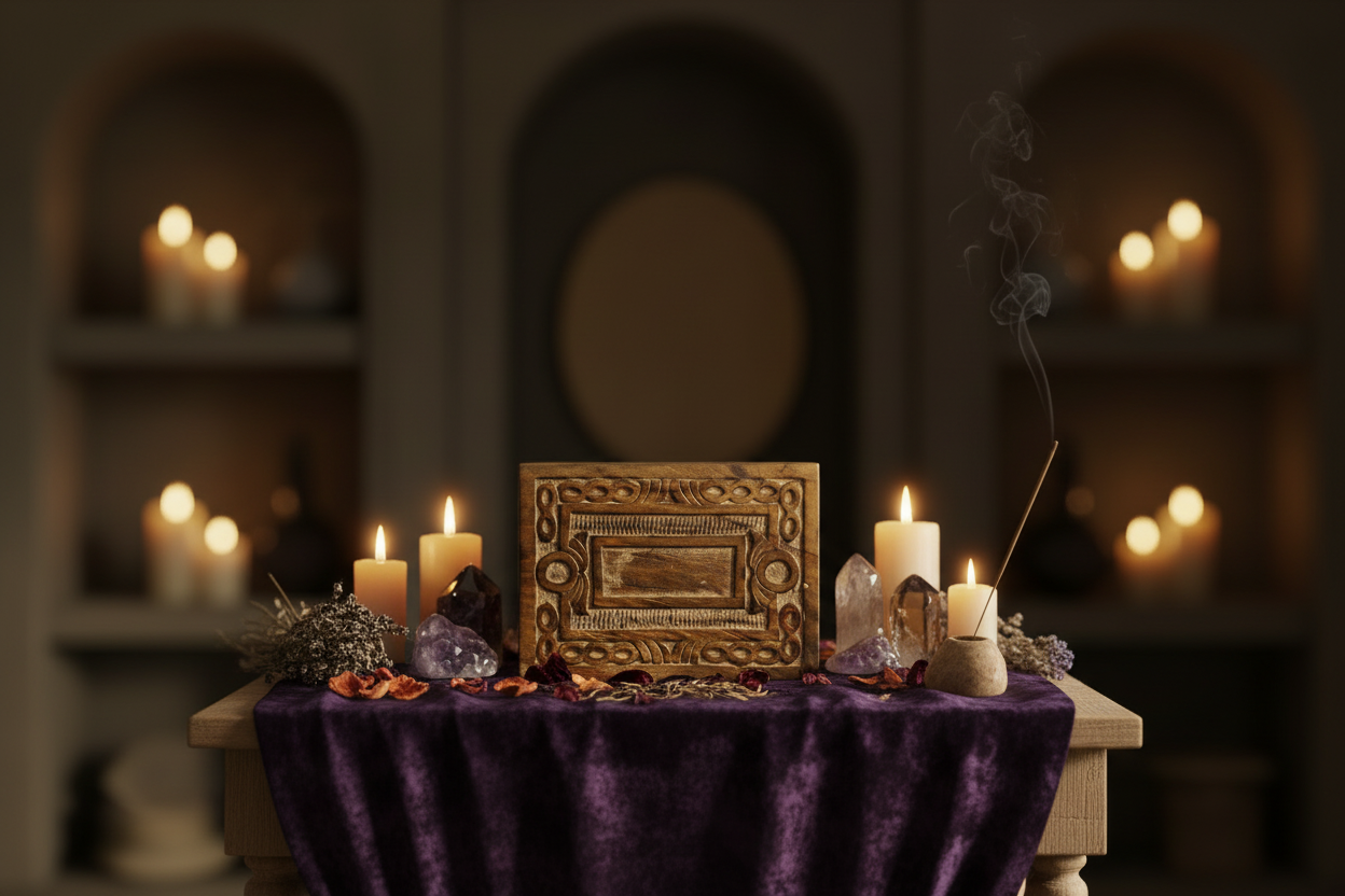 Engraved Rustic Wooden Keepsake Box in a personal mystic sacred space.