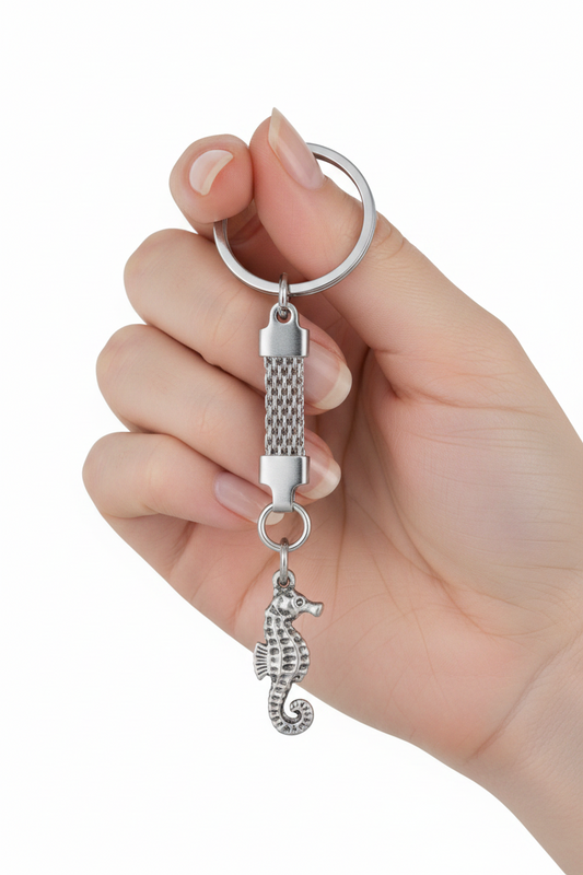 Sea Horse Handmade Silver Plated Charm Keychain held by a hand showing scale.