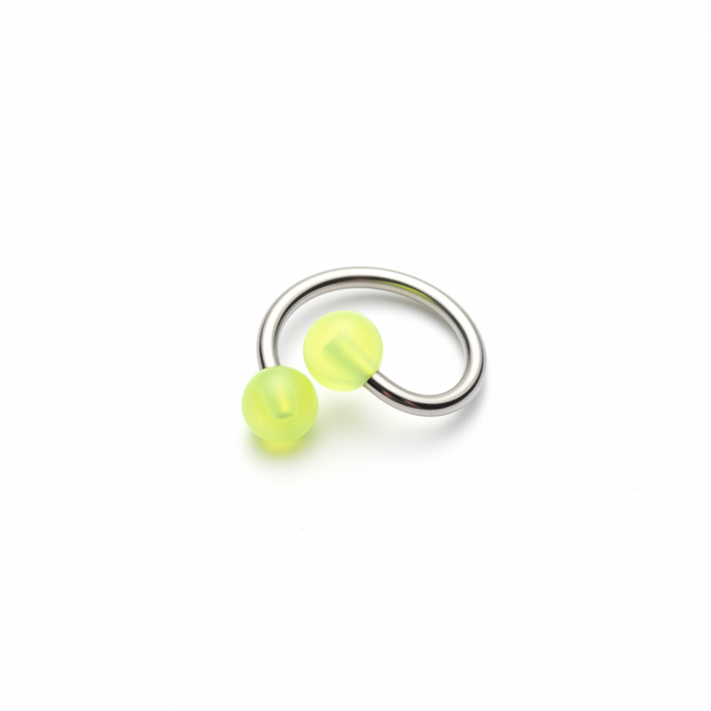 Yellow Glow Acrylic Curled Barbell- 316L Stainless Steel front facing view.