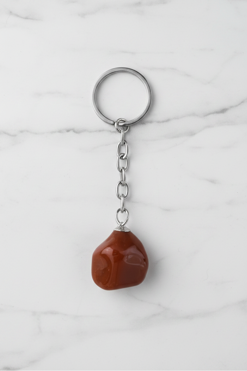 Bloodstone Natural Earth Stone Handmade Steel Plated Keychain on a white marble surface.
