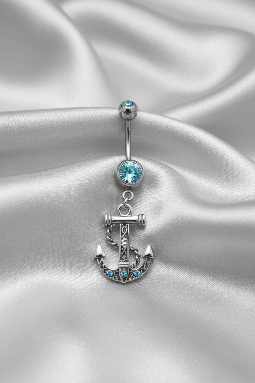 Aqua Crystal Anchor Belly Button Ring in 316l stainless steel.