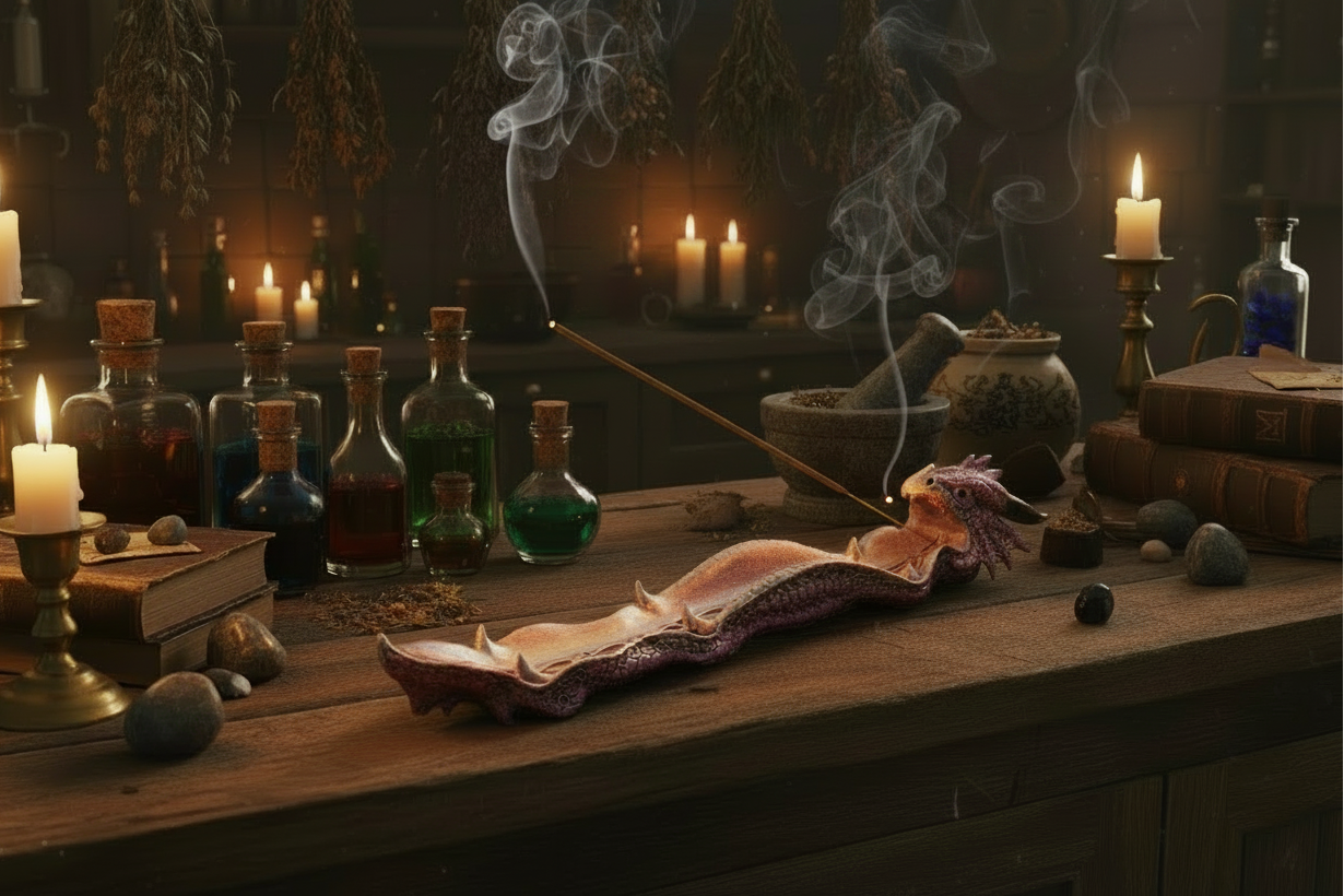 Purple Open Jaws Dragon Resin Incense Holder - Free Incense on the counter in a mystic kitchen with incense burning and smoke rising.