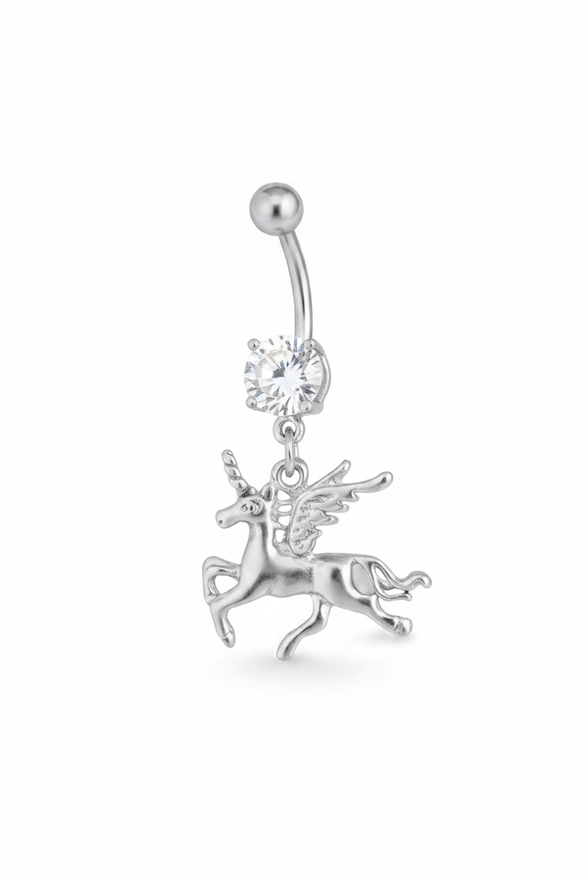 Clear Crystal Pegasus Unicorn Belly Button Ring in 316l stainless steel close up detail.