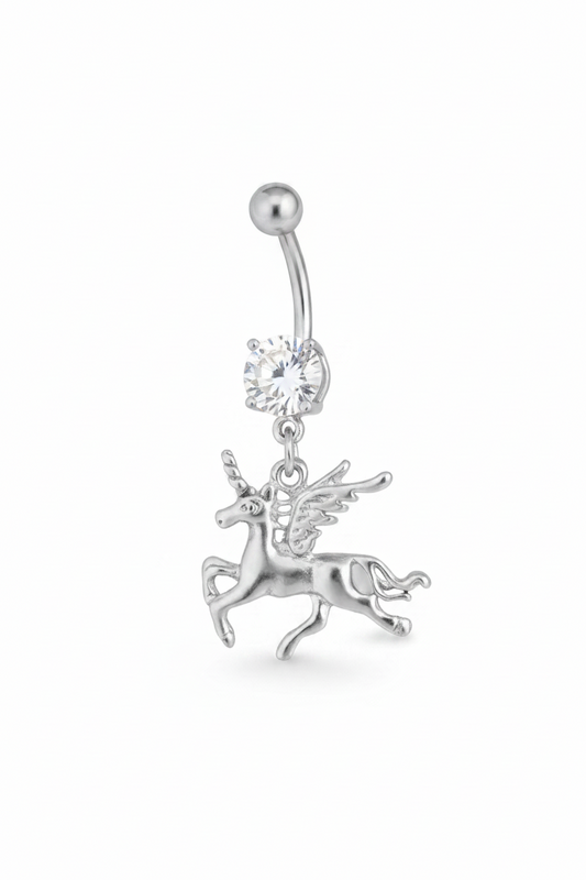 Clear Crystal Pegasus Unicorn Belly Button Ring in 316l stainless steel close up detail.