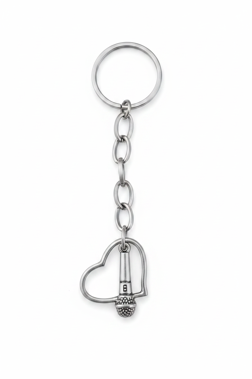 Heart and Microphone Handmade Silver Plated Charm Keychain on a white background.