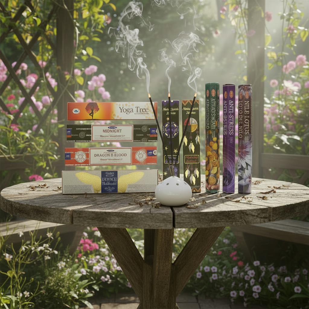 Anti-Stress and Prosperity Incense Variety Gift Package on a wooden table in a rose garden gazebo with incense burning and smoke rising.