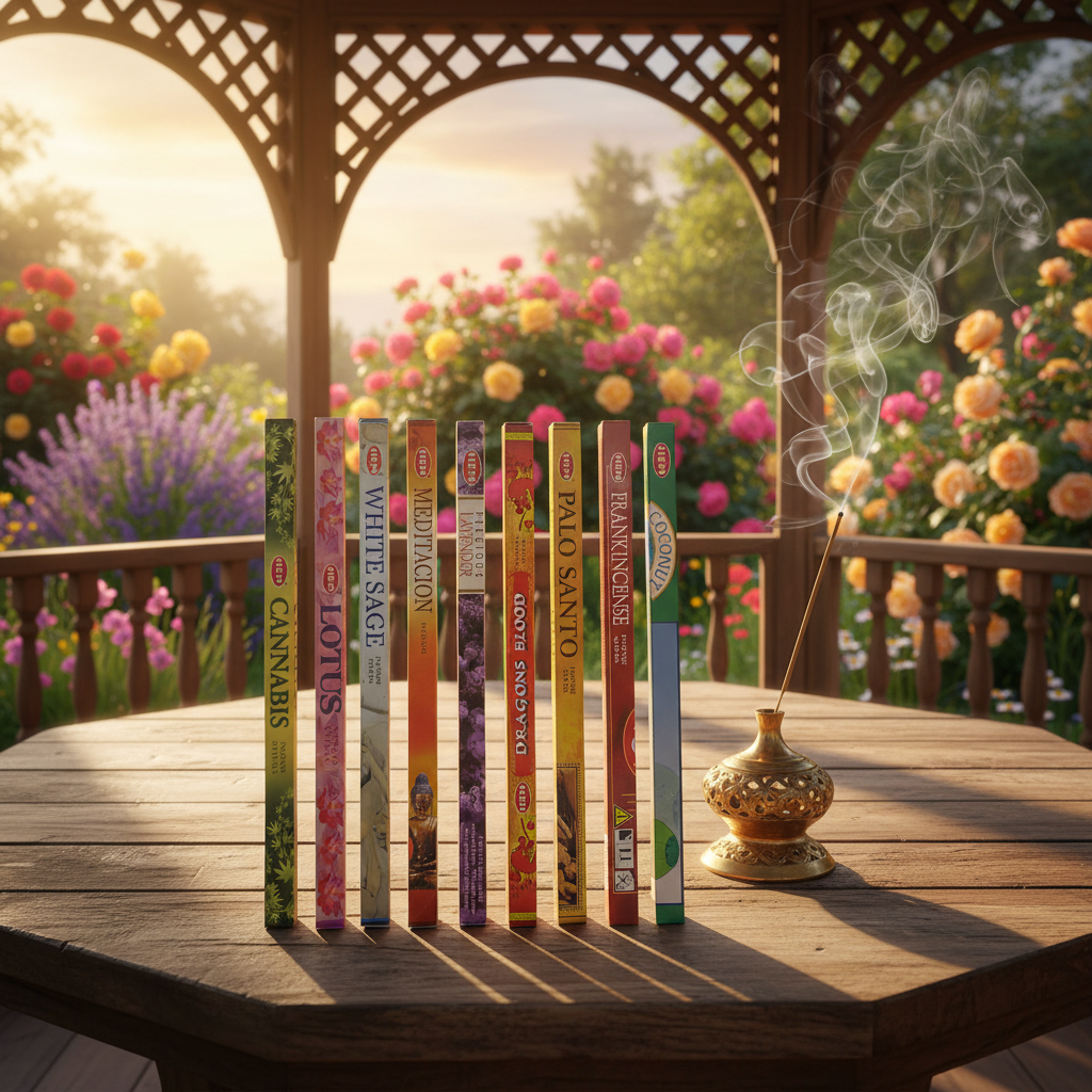 Sacred Meditation Incense Variety Gift Package on a wooden table in a rose garden gazebo with incense burning and smoke rising.