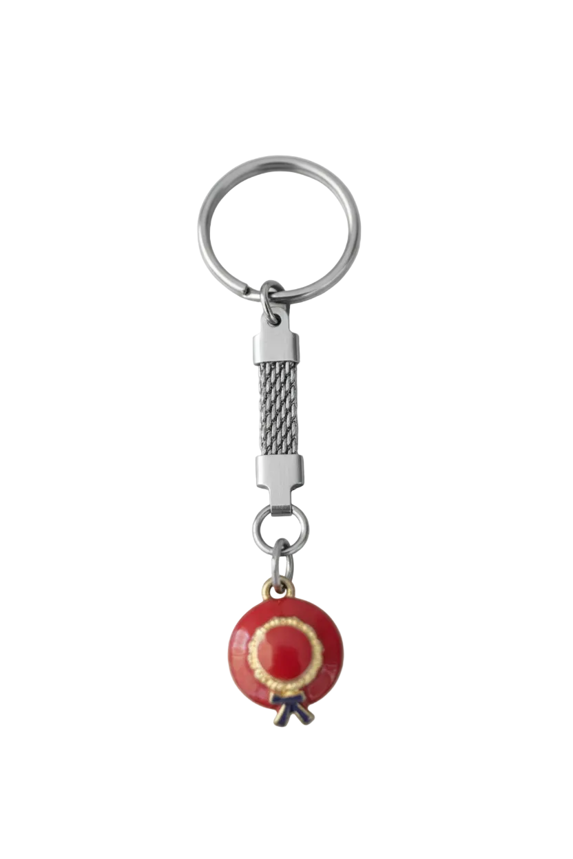 Red and Purple Enamel Hat Handmade Silver Plated Charm Keychain on a white background.