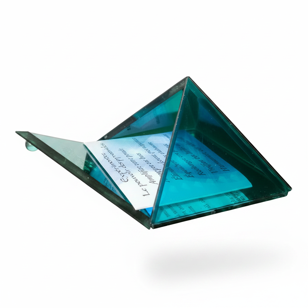 Bright aqua mini glass pyramid keepsake box with mirrored base open on a white background side profile.