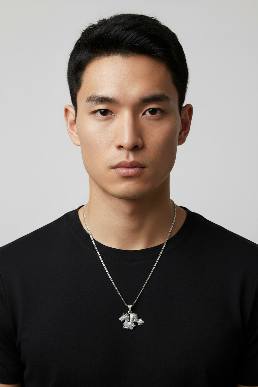 Dragon Steel Chain Necklace in 316l stainless steel on a male model.
