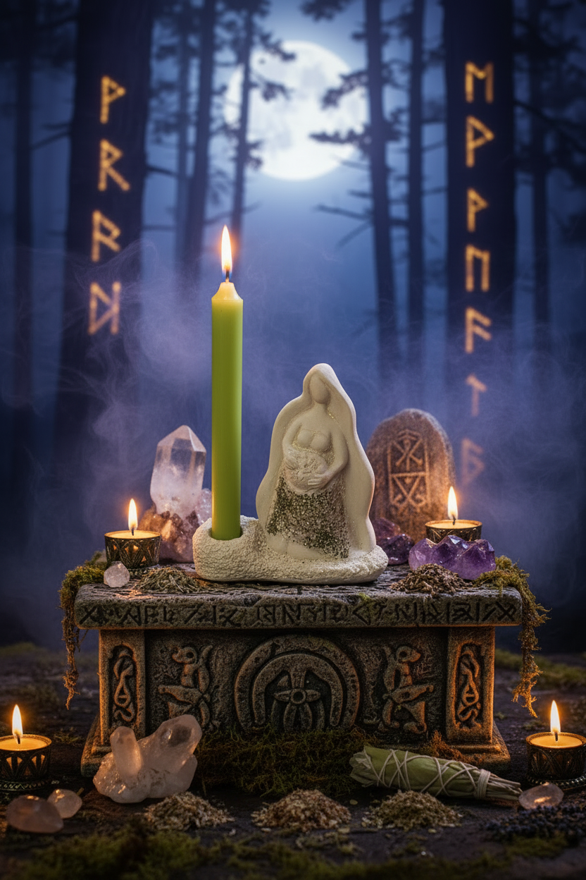 Mother Earth Goddess Terra Cotta Mini Figurine and Candle Holder - Altar & Sacred Space in a mystic setting with candle burning showing a warm glow.