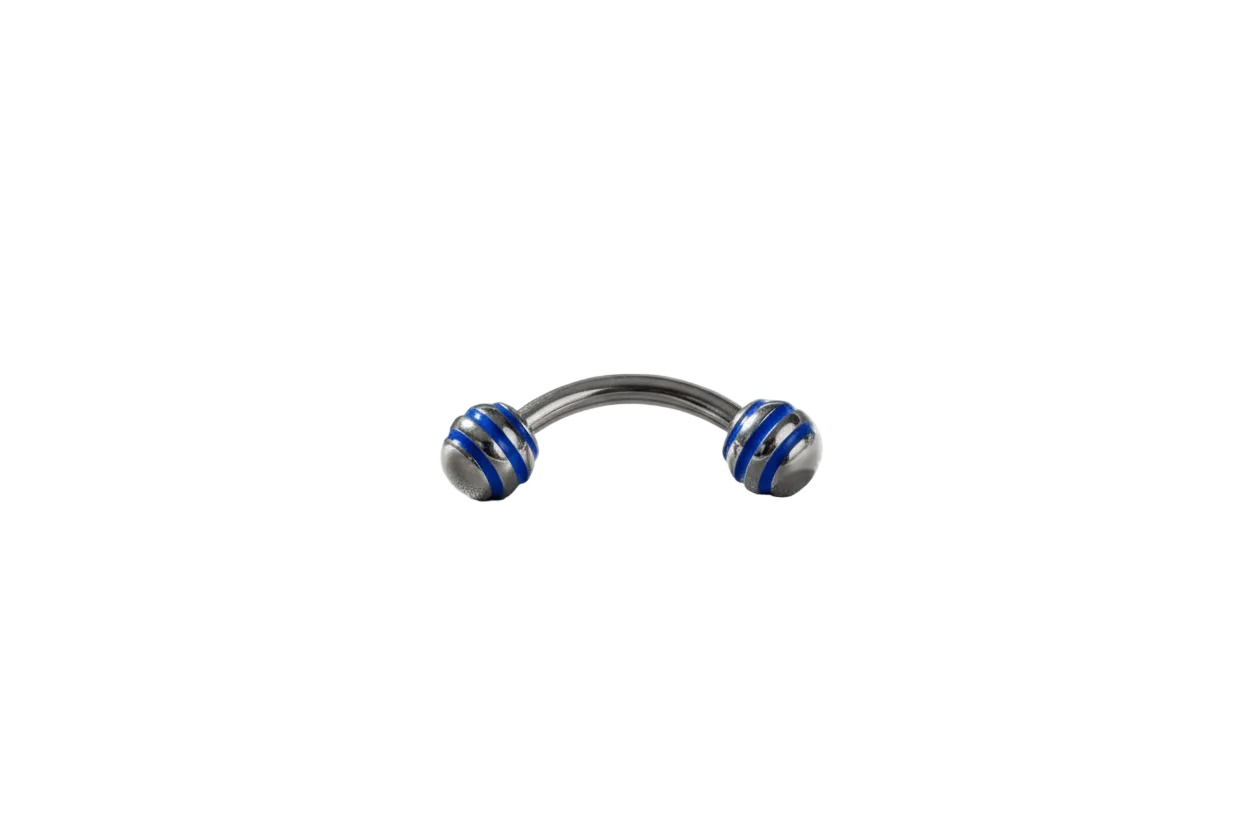 Blue Striped Steel Ball Eyebrow Ring in 316l stainless steel close up detail.