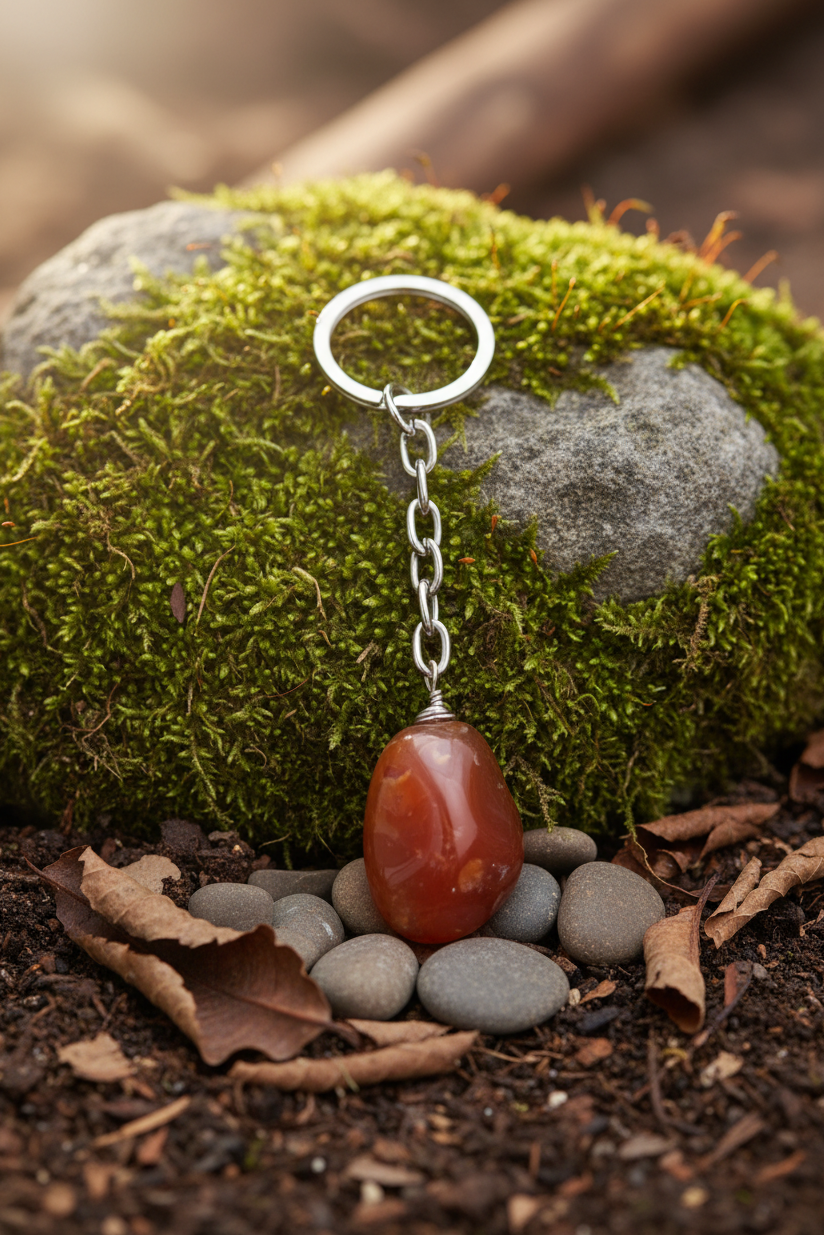 Carnelian Natural Earth Stone Handmade Steel Plated Keychain in a natural earth setting placed on a mossy stone surrounded by leaves, rocks and pristine nature.