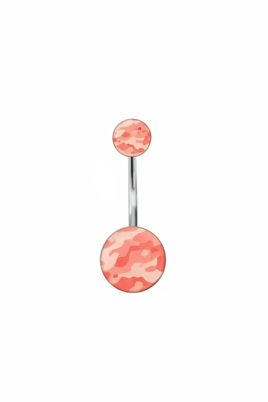 Pink Camouflage Acrylic Belly Button Ring in 316l stainless steel on a white background in close up detail.