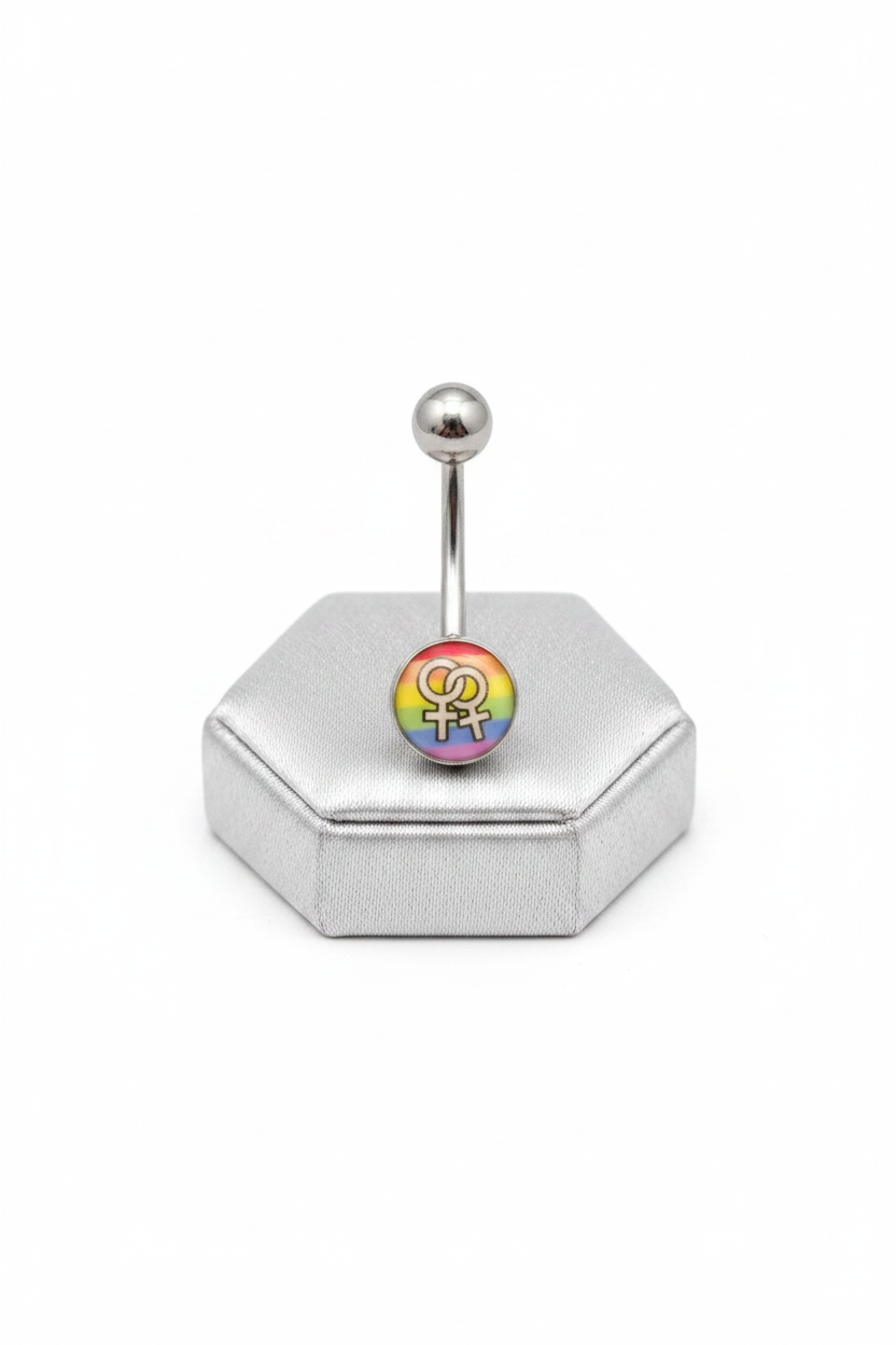 Rainbow Venus Belly Button Ring in 316l stainless steel on a silver jewelry display upright position.