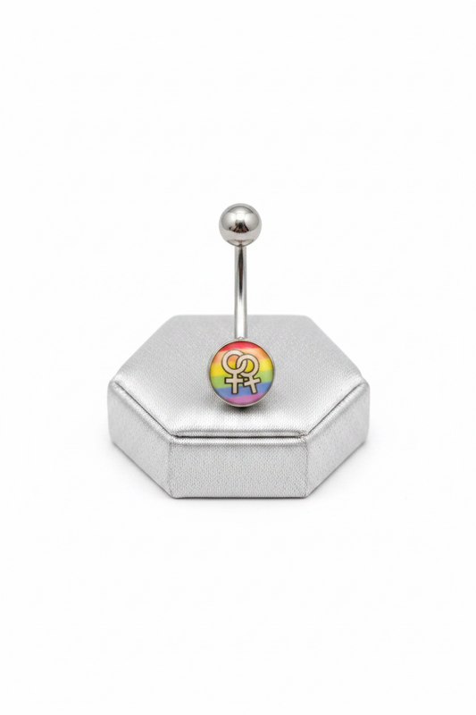 Rainbow Venus Belly Button Ring in 316l stainless steel on a silver jewelry display upright position.