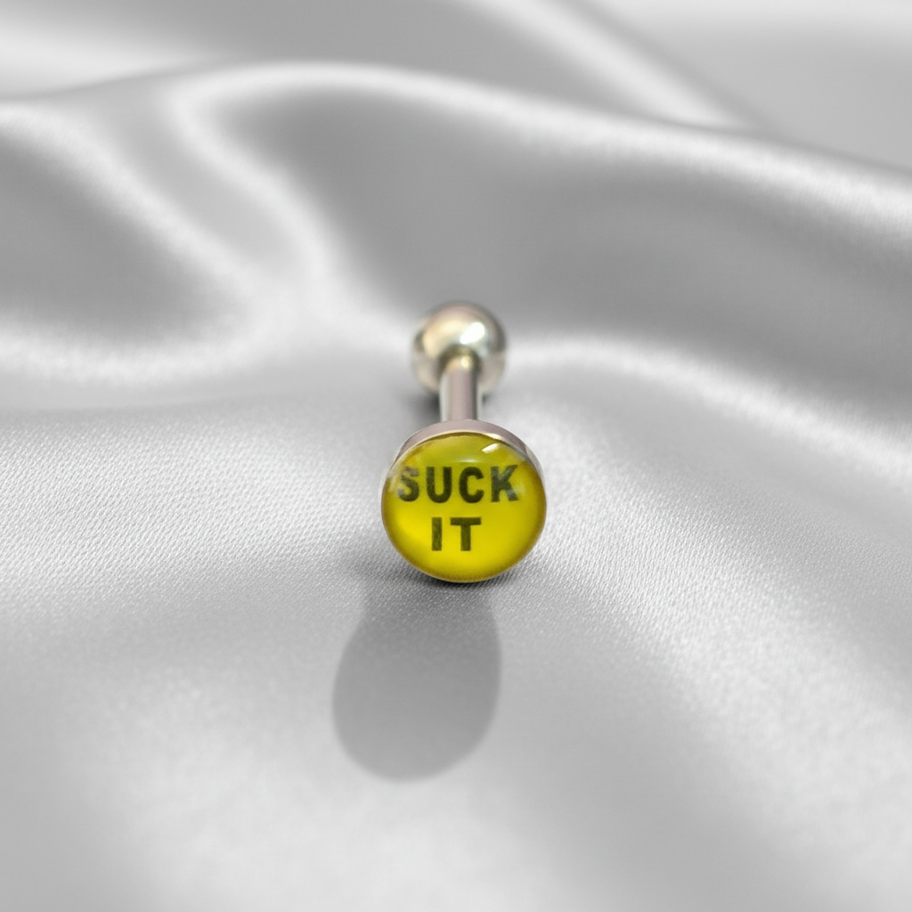 "Suck It" tongue barbell in 316l stainless steel