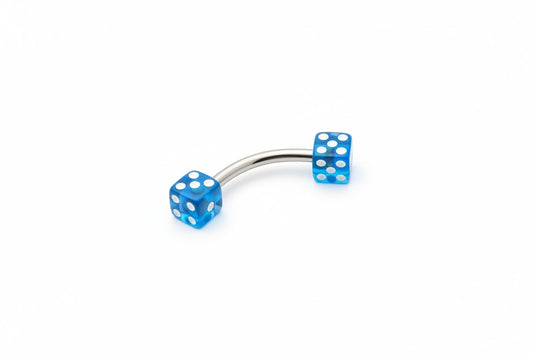 Blue Acrylic Dice Eyebrow Ring in 316l stainless steel close up detail.