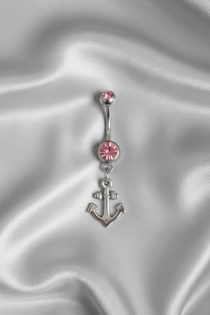 Pink Crystal Dainty Anchor Belly Button Ring in 316l stainless steel.