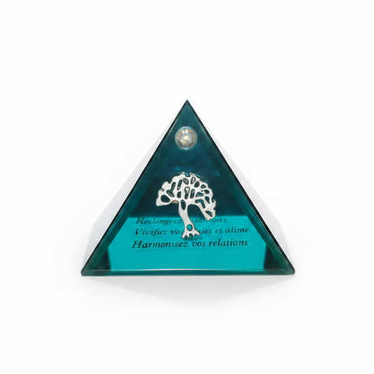 Aqua Tree of Life Mini Glass Pyramid Keepsake Box closed on a white background showing pewter tree of life charm.