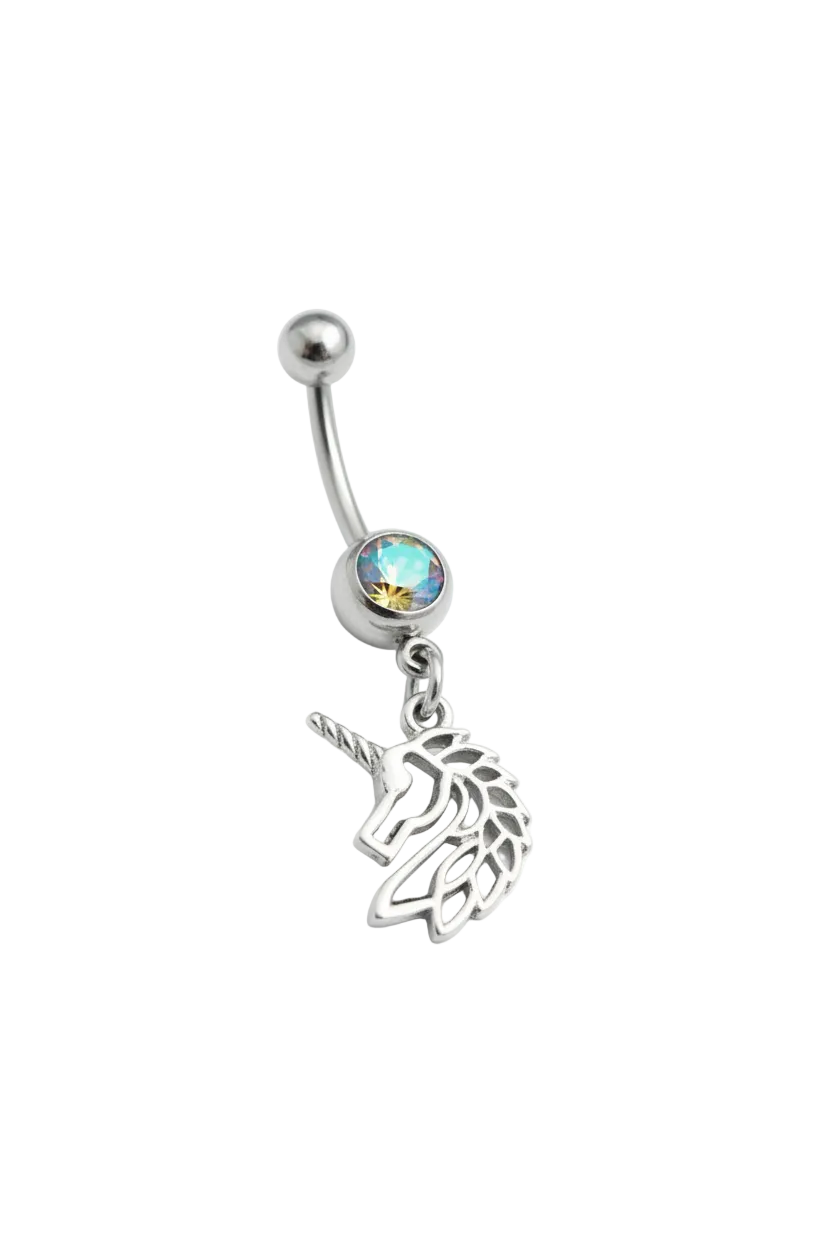 Aurora Crystal Unicorn Belly Button Ring in 316l stainless steel close up detail.