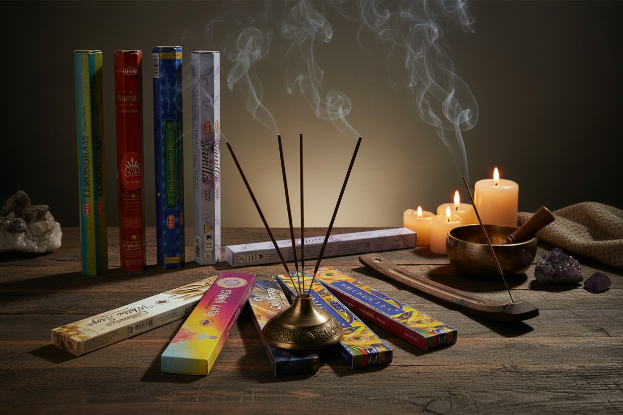 Mystic Prana Incense Variety Gift Package burning in mystic setting with smoke rising.