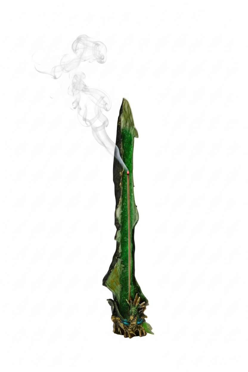 Green Standing Dragon Resin Incense Holder - Free Incense on a white background with incense burning and smoke rising.