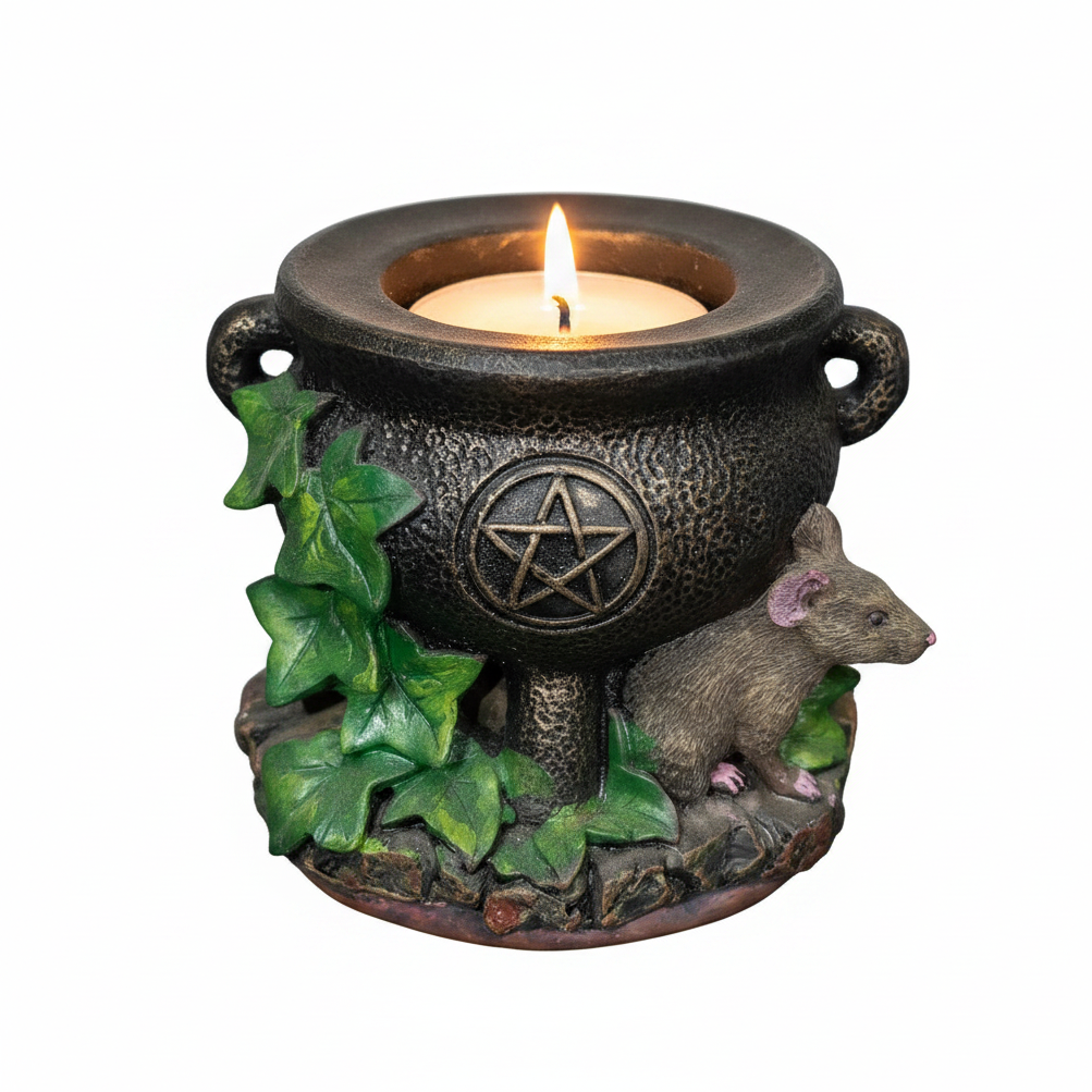 Black Cauldron with Mouse Pentagram Resin Tea Light Candle Holder on a white background with the candle lit showing a warm glow.