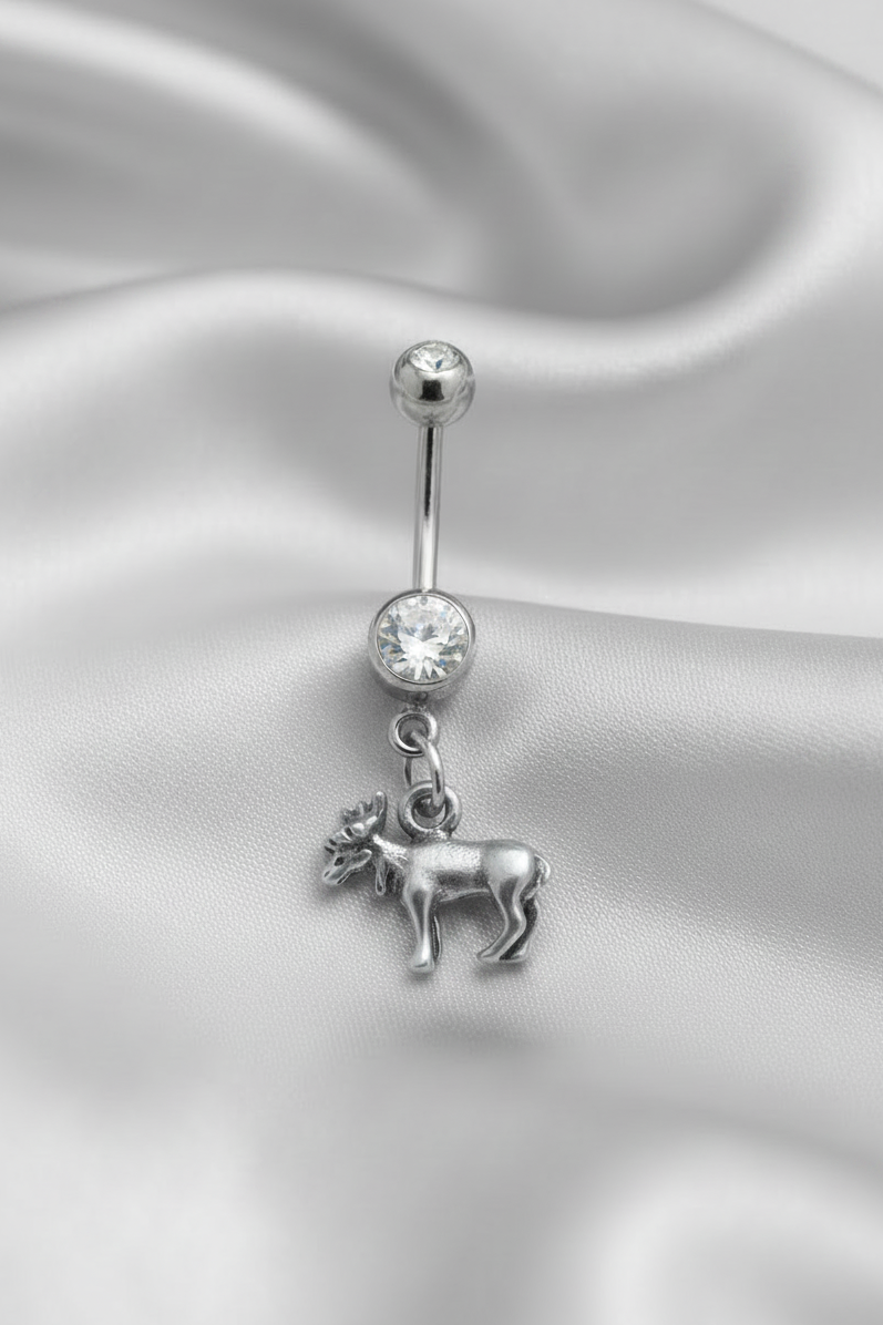 Clear Crystal Wild Moose Belly Button Ring in 316l stainless steel.