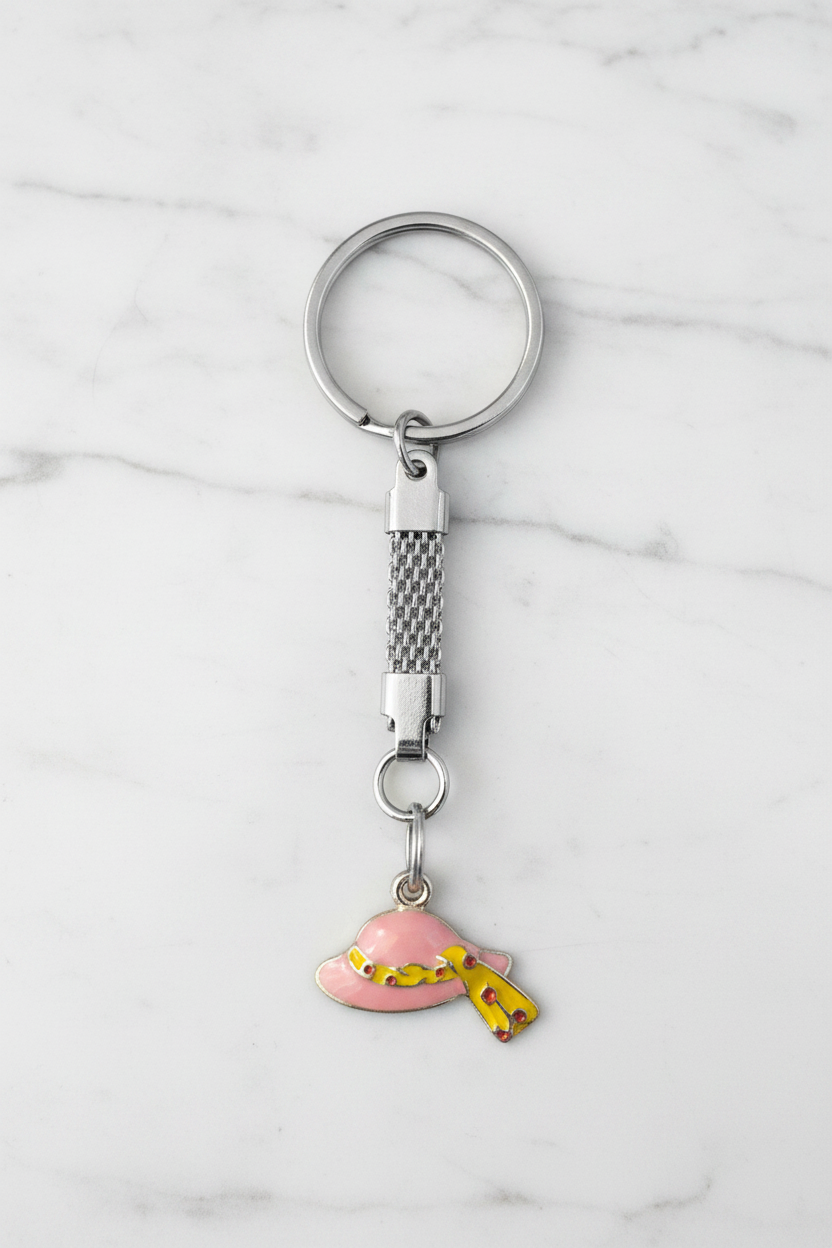 Pink Enamel Hat Handmade Silver Plated Charm Keychain on a white marble surface
