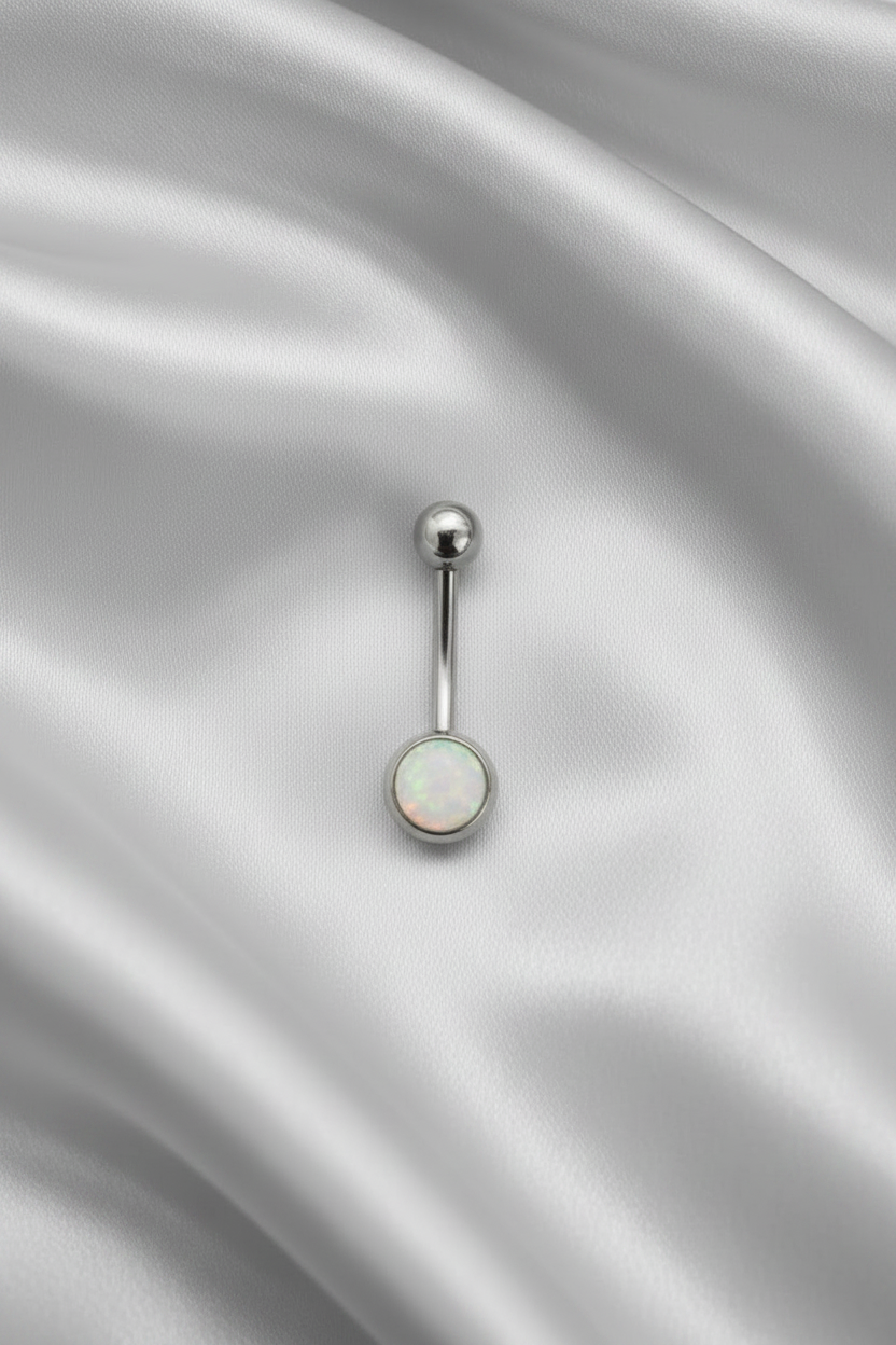 White Opal belly button ring in 316l stainless steel