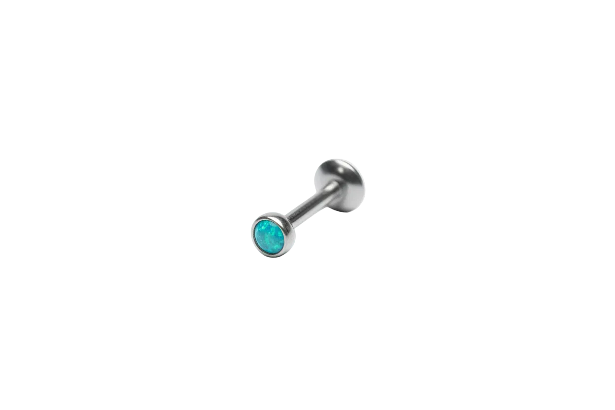 Internally Threaded Ocean Aqua Opal Labret Lip Ring in 316l stainless steel angled view.