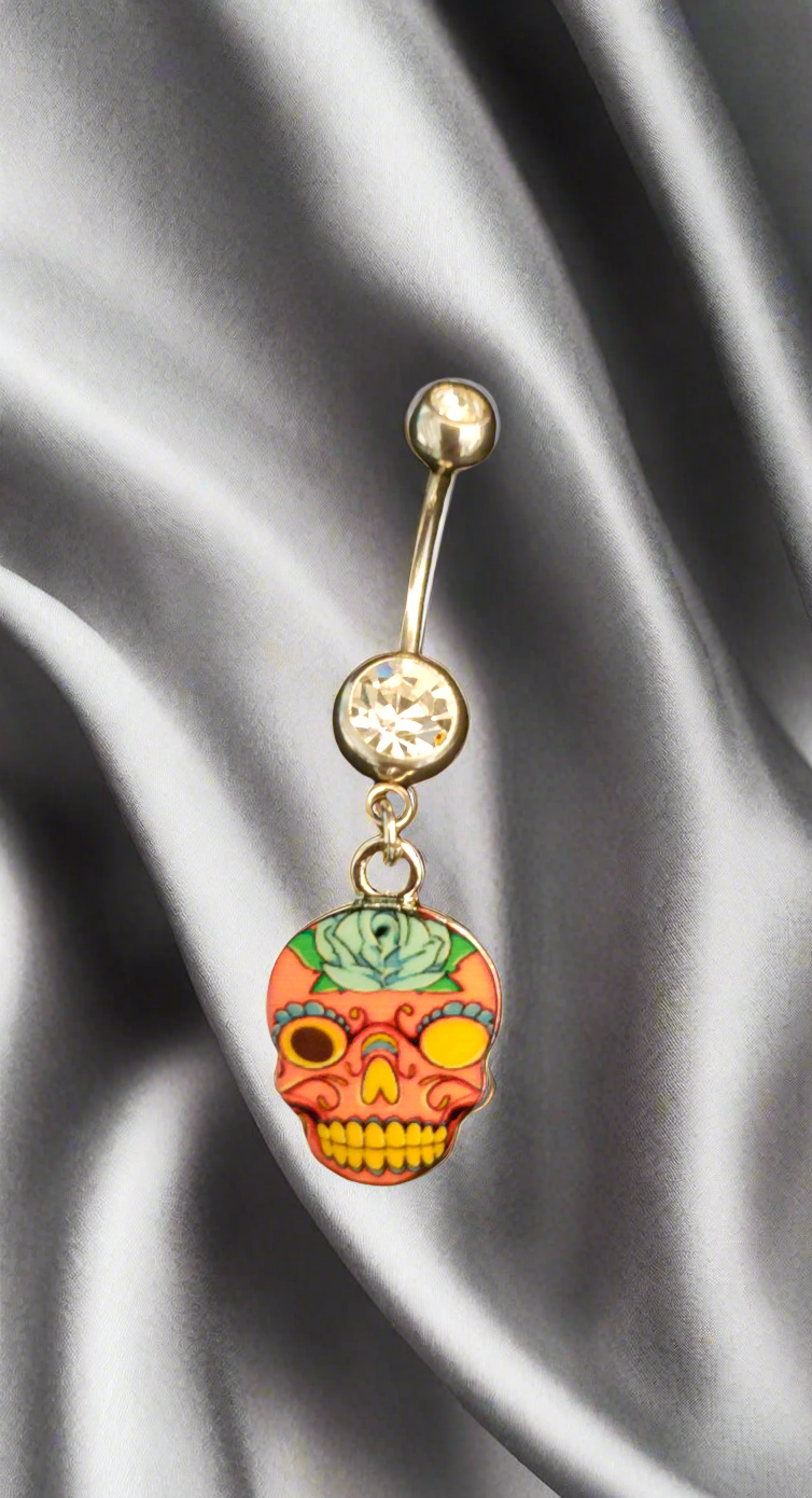 Belly Piercing Stainless Steel 316L with Dangling Sugar Skull