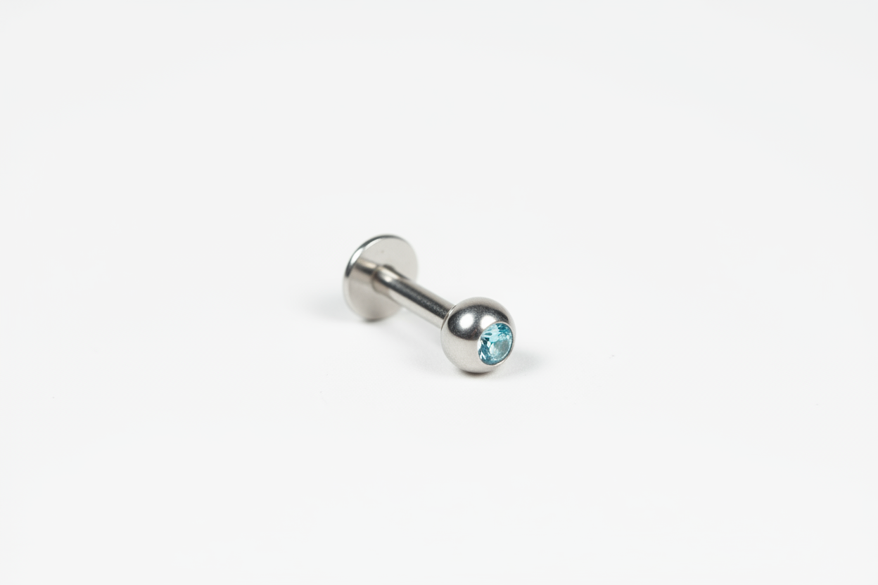 Aqua Crystal Labret Lip Ring in 316l stainless steel angled right.