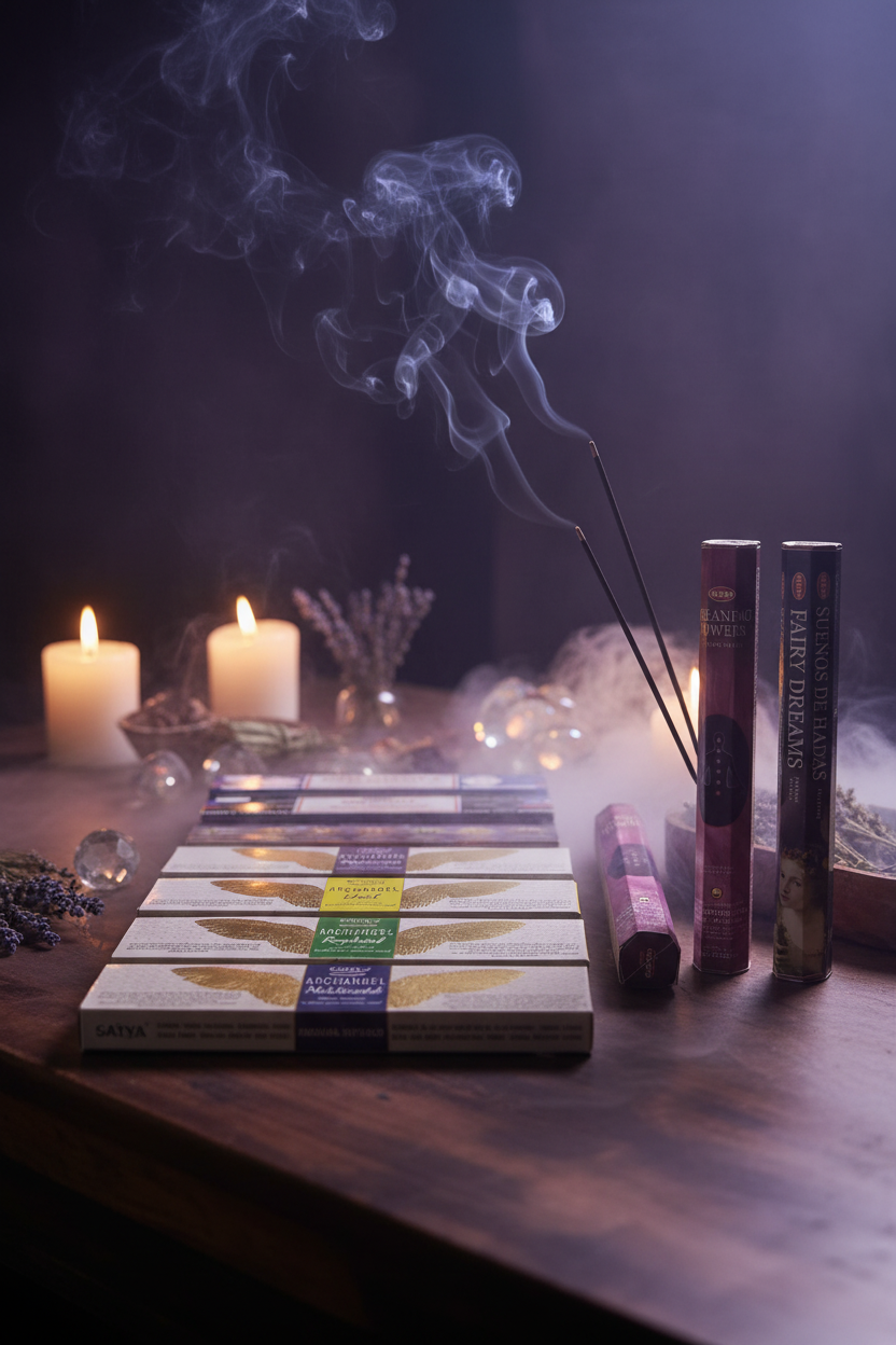 Mystic Angels Incense Variety Gift Package burning in a mystic setting with smoke rising.