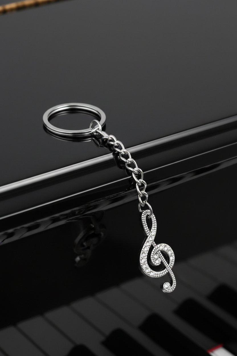 Treble Clef Handmade Silver Plated Charm Keychain sitting on a shiny black grand piano.