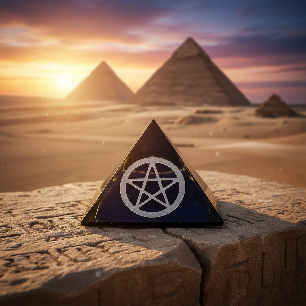 Purple Pentacle Mini Glass Pyramid Keepsake Box on a stone surface with the Giza plateau in the background.