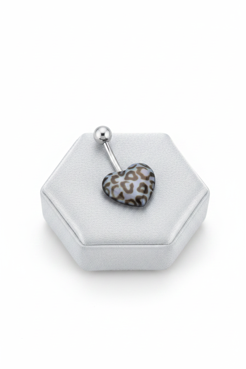 Blue Leopard Print Heart Acrylic Belly Button Ring in 316l stainless steel on a silver silk jewelry display.